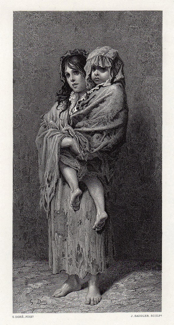 Gustave Dore Homeless engraving signed: Gustave Dore (Paul Gustave Louis Christophe Dore )(French, 1832-1883). Homeless. Antique Steel Engraving on wove paper after the original by master engraver John Saddler (1813-1892). 1875. Signed in t