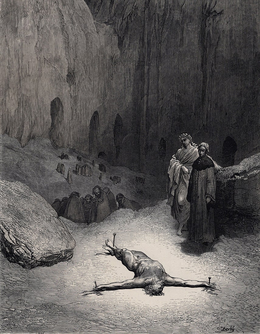 1800s Gustave DORE Divine Comedy Enferno Woodcut CALAPHAS Framed Signed: Gustave Dore (Paul Gustave Louis Christophe Dore) (French, 1832-1883). Chant 23, Caiaphas (from Divine Comedy, Enferno). Antique woodcut wove paper after the original by a master wood engraver Heliodo