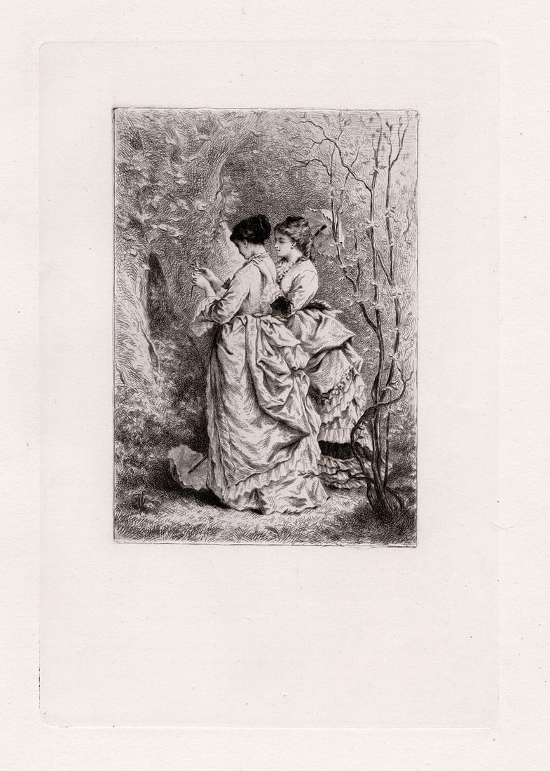 Edmond Hedouin Spring 1874 etching: Edmond Hedouin. (Pierre Edmond Alexandre Hedouin) (French, 1820-1889). Spring. Original copper plate etching on laid paper. 1874. Excellent. Image size 6 1/4 x 9 3/8 inches. Approximately 15 x 18 inch