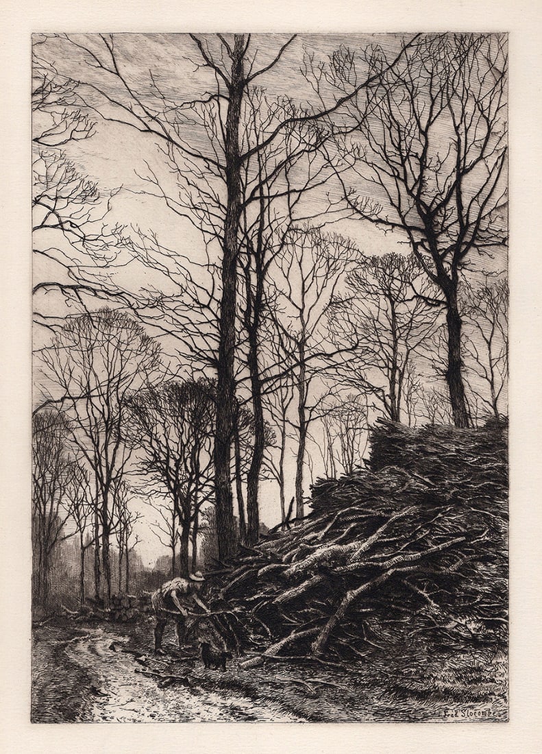 FRAMED 1800s Frederick Slocombe ORIGINAL Etching The Wood Gather SIGNED: Frederick Albert Slocombe (British, 1847-1920). Winter Fuel. Original etching on wove paper. Year: 1883. Signed in the plate, lower right. Image Size 6 3/4 x 9 3/4 inches. Framed dimensions approximat