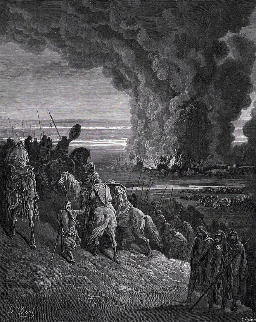 1800s Gustave Dore Biblical Wood Engraving THE CONQUEST OF AI Framed SIGNED: Gustave Dore (Paul Gustave Louis Christophe Dore) (French, 1832-1883). Joshua Burns Down the Town of AI (From Dore's Bible). Antique Wood Engraving on wove paper after the original by a master wood en