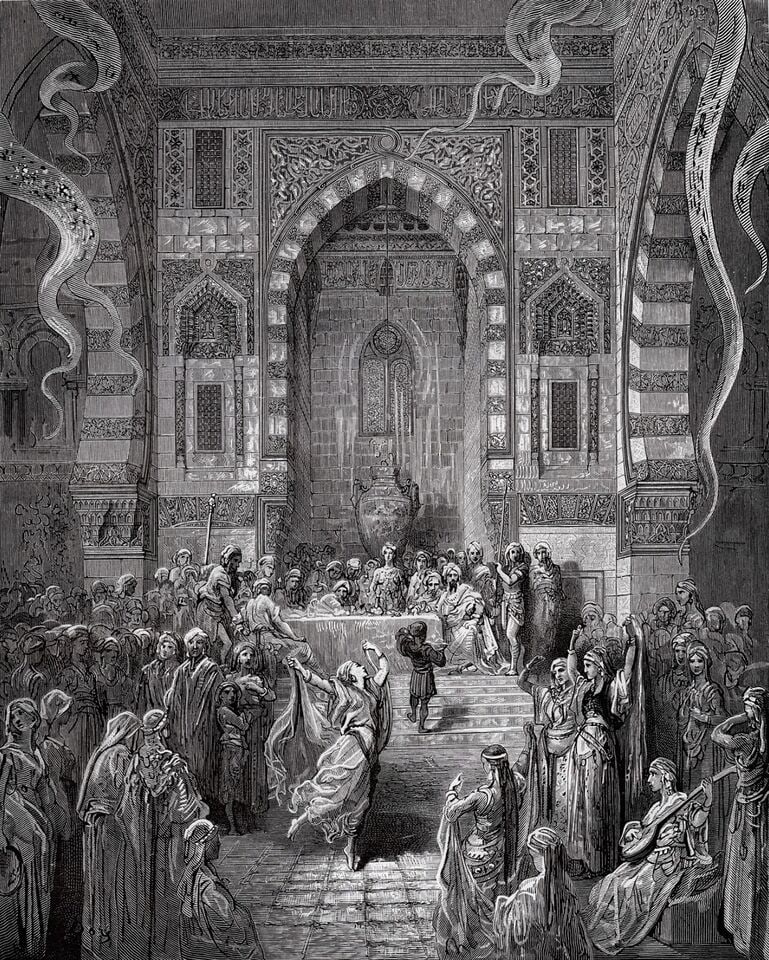 GUSTAVE DORE 1800s SIGNED Orlando Furioso Woodcut The Royal Banquet FRAMED: Gustave Dore (Paul Gustave Louis Christophe Dore )(French, 1832-1883). The Royal Banquet in the palace at Damascus (From Orlando Furioso). Antique woodcut on wove paper after the original Illustration