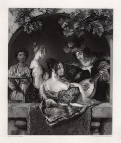 1800s WILLIAM ETTY Engraving Music on the Balcony SIGNED Framed