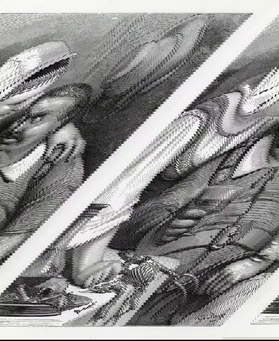 Gustave Dore Little Tom Thumb II 1880 Woodcut Signed: Gustave Dore. Little Tom Thumb II. Antique woodcut on thick wove paper after the original by master wood engraver Adolphe Francois Pannemaker (French, Belgian, 1822 - 1890). 1880. Signed in the plate.