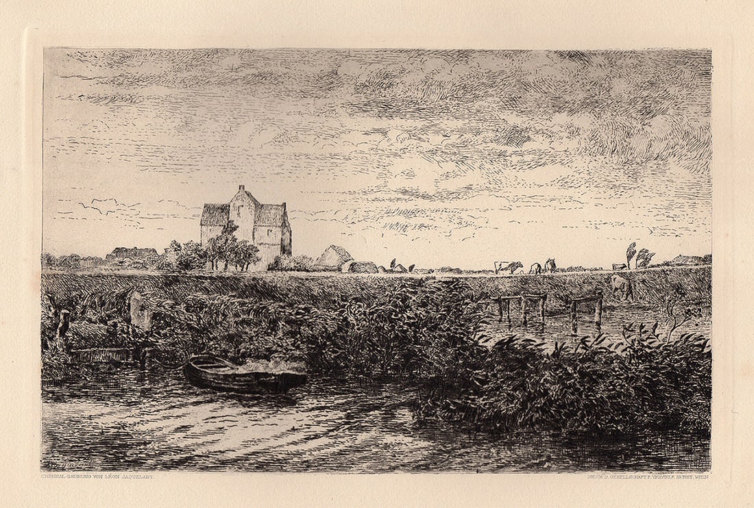 Leon Jaquelart 1800s Landscape etching: Leon Jaquelart (19th Century). Landscape. Antique hand pulled copper plate etching on laid paper. 1887. Signed in the plate, lower left. Excellent. Plate Size 7 x 10 3/4 inches. Framed dimensions 16 x