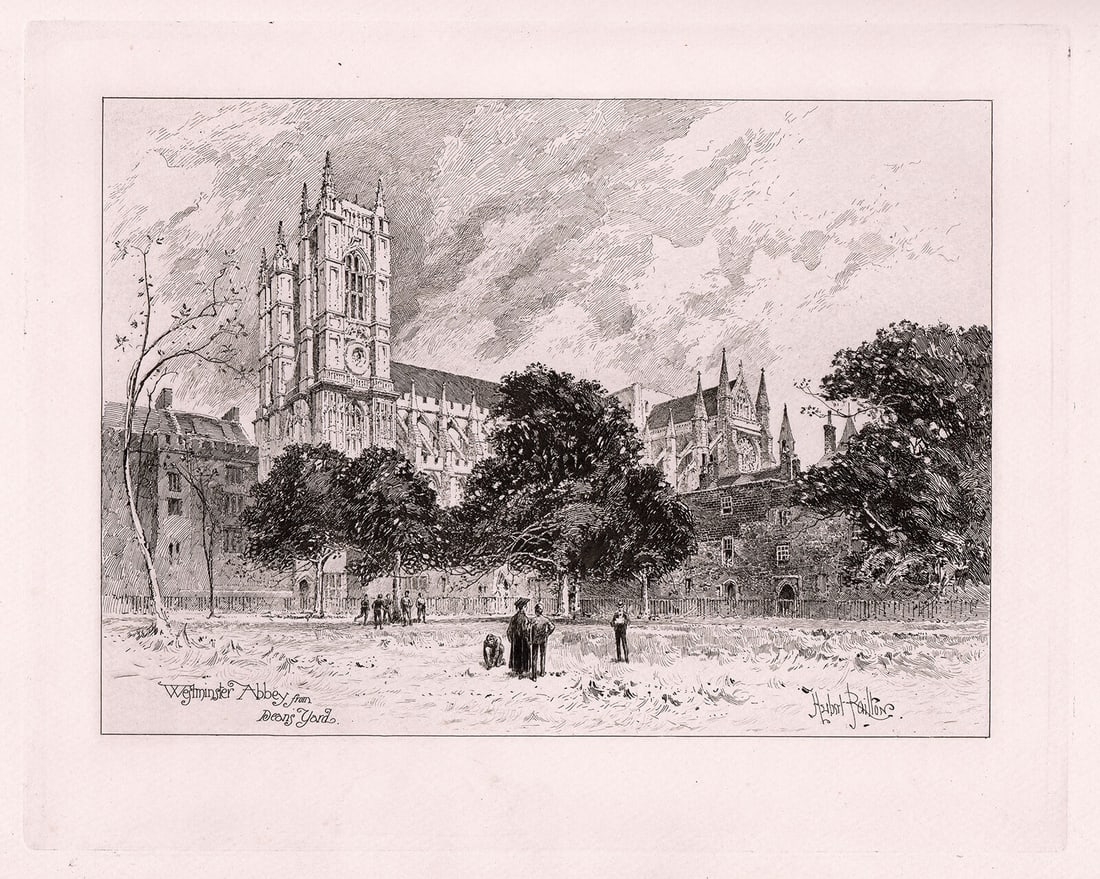 Herbert Railton 1889 etching Westminster Abbey from Dean's Yard signed: Herbert Railton. (English, 1857-1910). Westminster Abbey from Dean's Yard. Antique Hand Pulled copper plate etching on thick paper. 1889. Signed in the plate, lower right. Excellent. Image Size 8 1/4