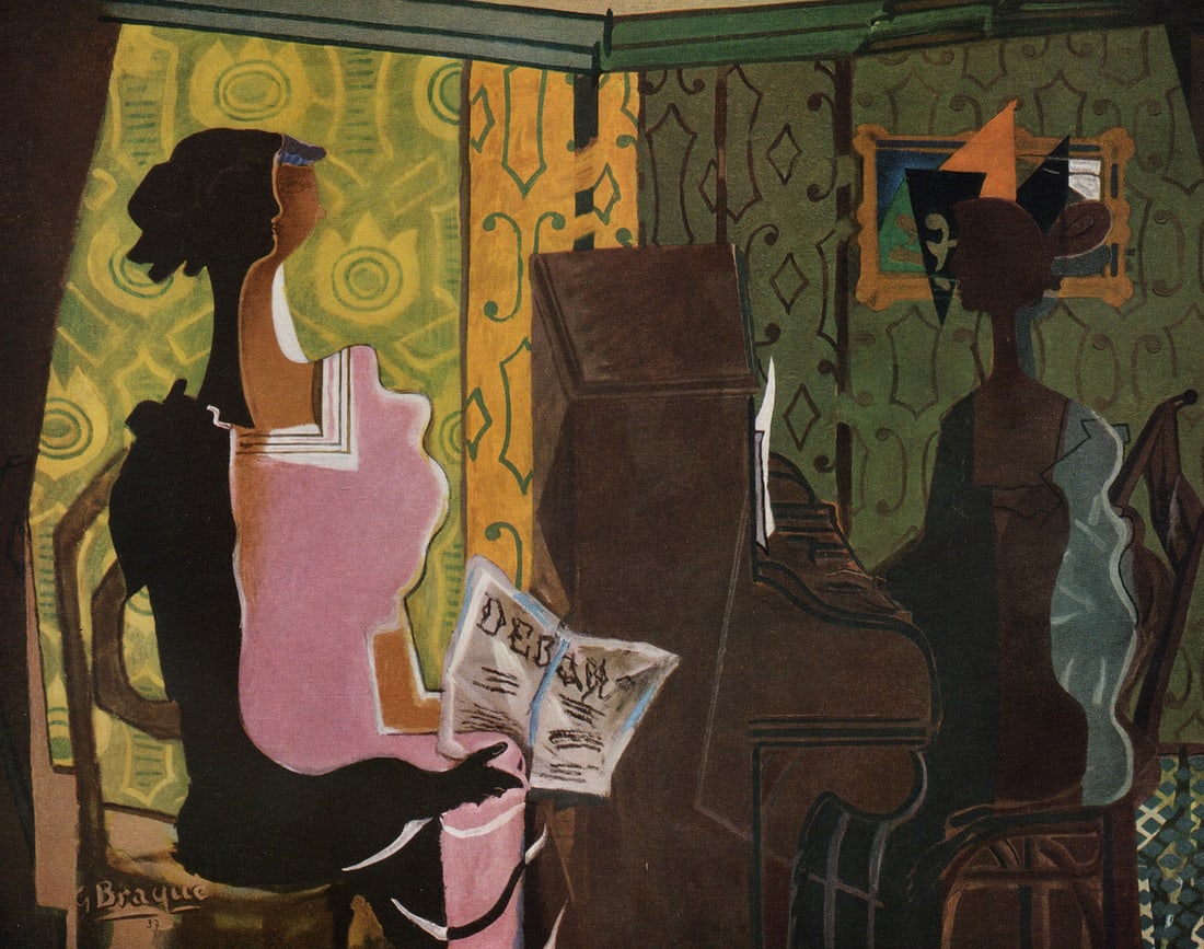 1956 Georges BRAQUE Vintage Lithograph MUSISCAL DUET Framed SIGNED: Georges Braque (French, 1882-1963). Le Duo (The Duo). Vintage offset lithograph after the original painting. Year: 1956. Signed in the plate, lower left. Printer: Draeger Freres. Image Size 6 x 7 5/8