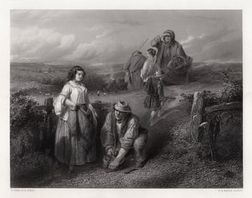 THOMAS FAED 1800s Engraving End of a Long Day SIGNED Framed