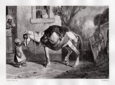 1800s Alexandre-Gabriel DECAMPS Lithograph Child with Horse Framed Signed