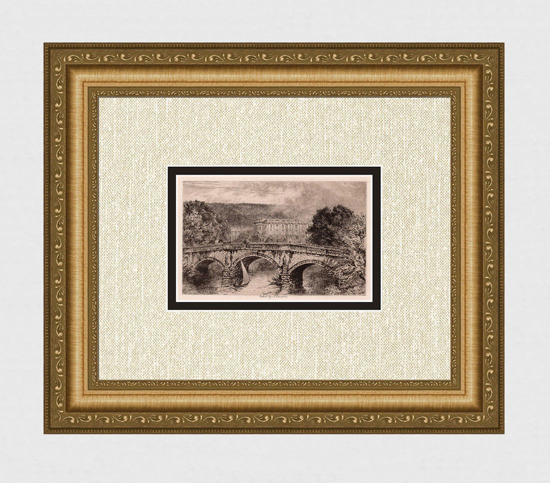 1891 Alfred Dawson Chatsworth etching signed: Alfred Dawson. (British, 1843-1931). "Chatsworth". Original etching on thick wove paper. 1891. Signed in the plate. Excellent. Image size 3 3/4 x 5 1/2 inches. Gallery Matted and Framed in a New Solid