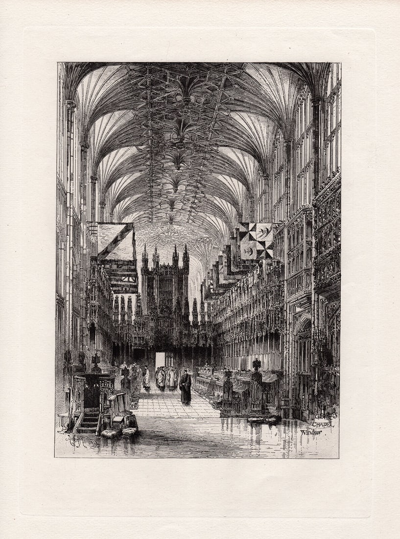 Herbert Railton 1885 etching Interior of St. George's Chapel signed: Herbert Railton. (English, 1857-1910). Interior of St. George's Chapel. Antique Hand Pulled copper plate etching on wove paper. 1885. Signed in the plate, lower left. Excellent. Image Size 8 1/4 x11 1