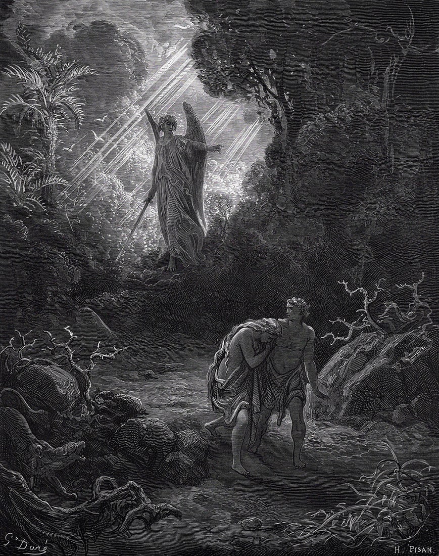 1800s Gustave DORE'S BIBLE Woodcut Adam & Eve Driven out of Eden SIGNED FRAMED: Gustave Dore (Paul Gustave Louis Christophe Dore) (French, 1832-1883). Adam and Eve Driven out of Eden (from Dore's Bible). Antique woodcut wove paper after the original by a master wood engraver Heli