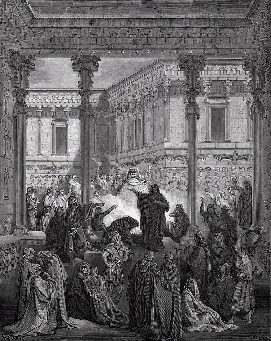 Gustave DORE 1800s Biblical Woodcut Daniel & the Priests of Bel Framed Signed: Gustave Dore (Paul Gustave Louis Christophe Dore) (French, 1832-1883). Daniel Confounds the Priests of Bel (from Dore's Bible). Antique woodcut wove paper after the original by a master wood engraver