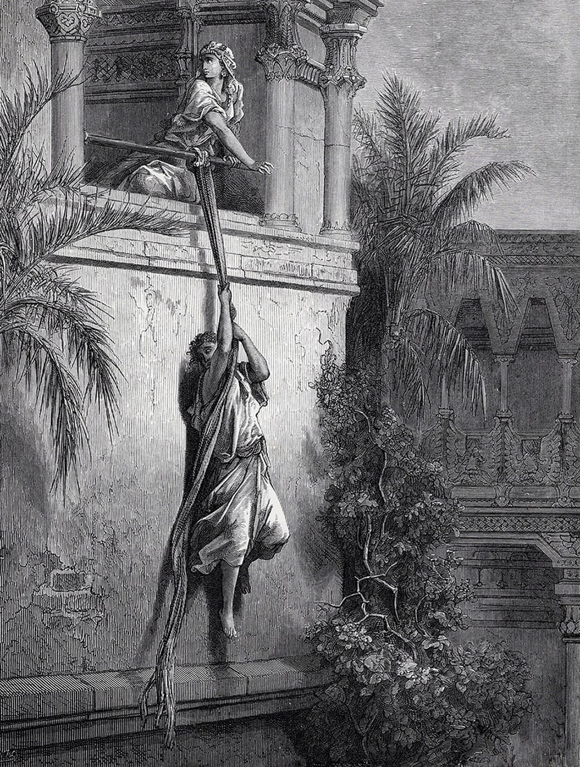 1800s DORE Religious Woodcut David Fleeing from King Saul FRAMED SIGNED: Gustave Dore (Paul Gustave Louis Christophe Dore) (French, 1832-1883). The Escape of David through the Window (from Dore's Bible). Antique woodcut on wove paper after the original by master wood engra