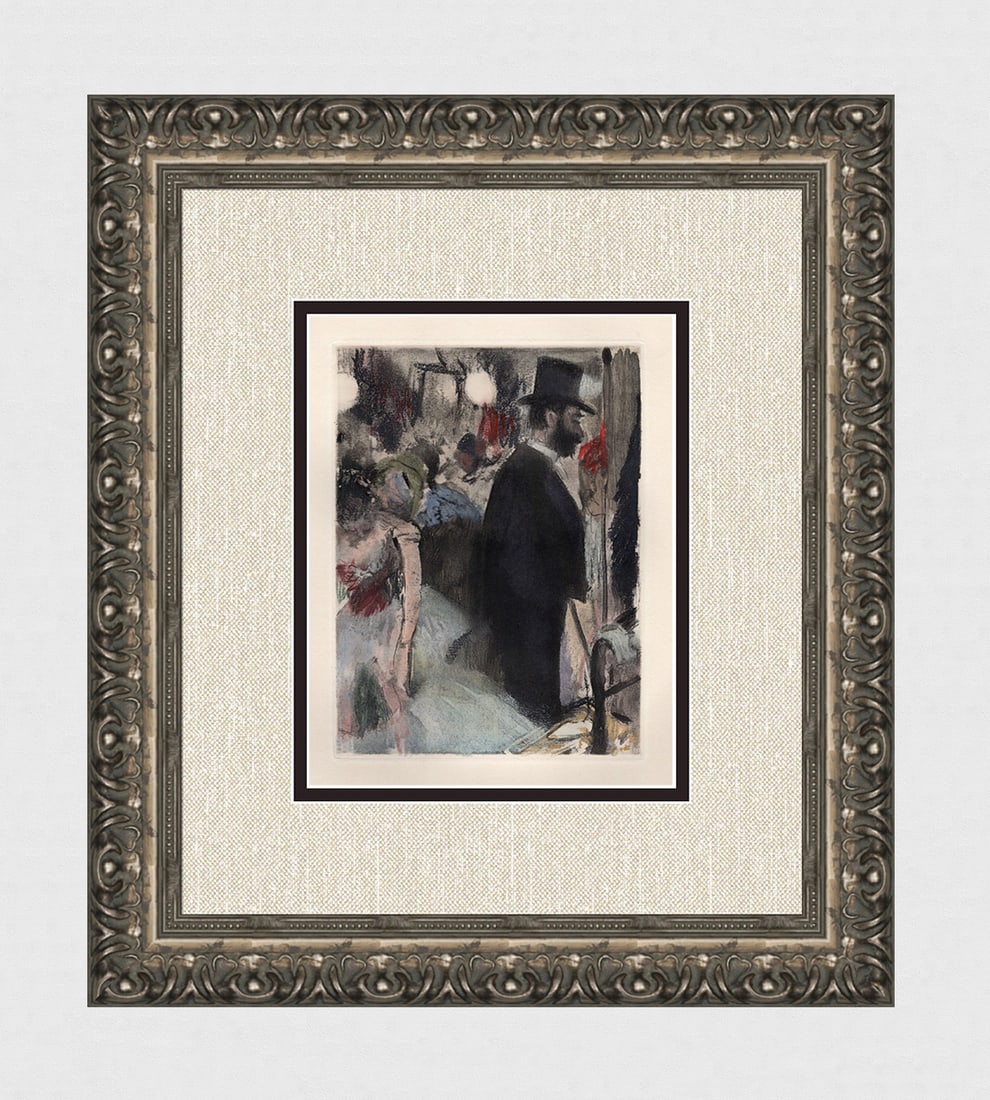 1938 EDGAR DEGAS Etching Ludovic Halevy with Dancers Framed LIMITED: Edgar Degas (1834 - 1917). Ludovic Halevy en arriere scene avec les danseurs (Ludovic Halevy back Stage with the Dancers)(from La Famille Cardinal). Year: 1938. Edition: Limited 350 on Velin de Rives.