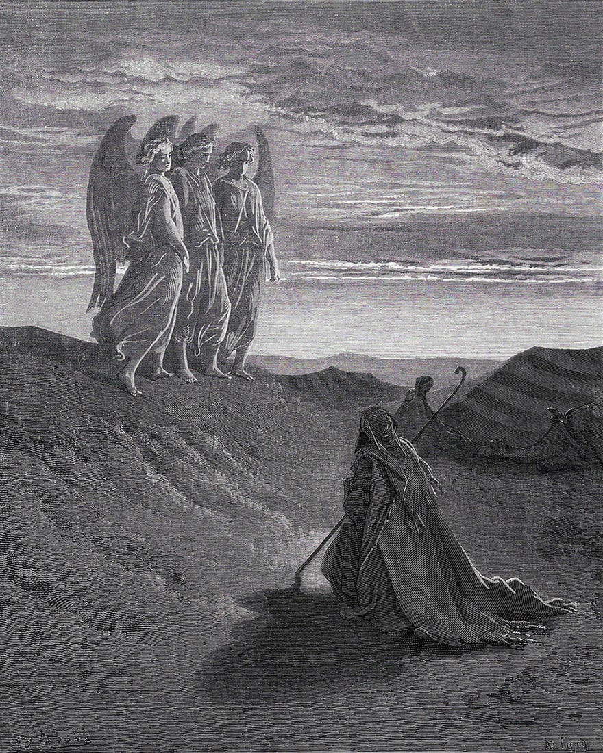 Gustave Dore 1800s Biblical Wood Engraving Abraham's Celestial Visitors FRAMED SIGNED: Gustave Dore (Paul Gustave Louis Christophe Dore) (French, 1832-1883). Abraham and the Three Angels (from Dore's Bible). Antique Wood Engraving on wove paper executed by master wood engraver Ad Ligny