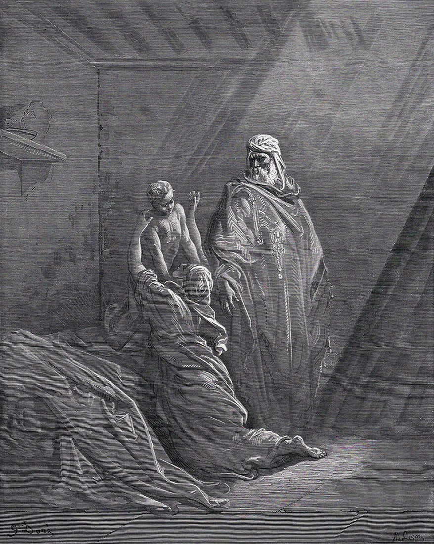 1800s Gustave Dore's Bible Woodcut Elijah Raises the Widow's Son Framed Signed: Gustave Dore (Paul Gustave Louis Christophe Dore) (French, 1832-1883. Elijah Raiseth the Son of the Widow of Zarephath (from Dore's Bible). Antique woodcut wove paper after the original by a master wo