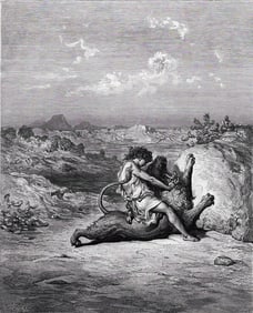 SIGNED 1800s GUSTAVE DORE Religious Wood Engraving SAMSON SLAYS THE LION Framed