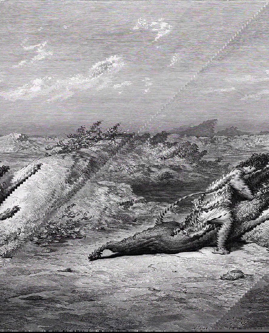 SIGNED 1800s GUSTAVE DORE Religious Wood Engraving SAMSON SLAYS THE LION Framed: Gustave Dore (Paul Gustave Louis Christophe Dore) (French, 1832-1883). Samson Slays a Lion (From Dore's Bible). Antique Wood Engraving on wove paper executed by master wood engraver Antoine Alphee Pia