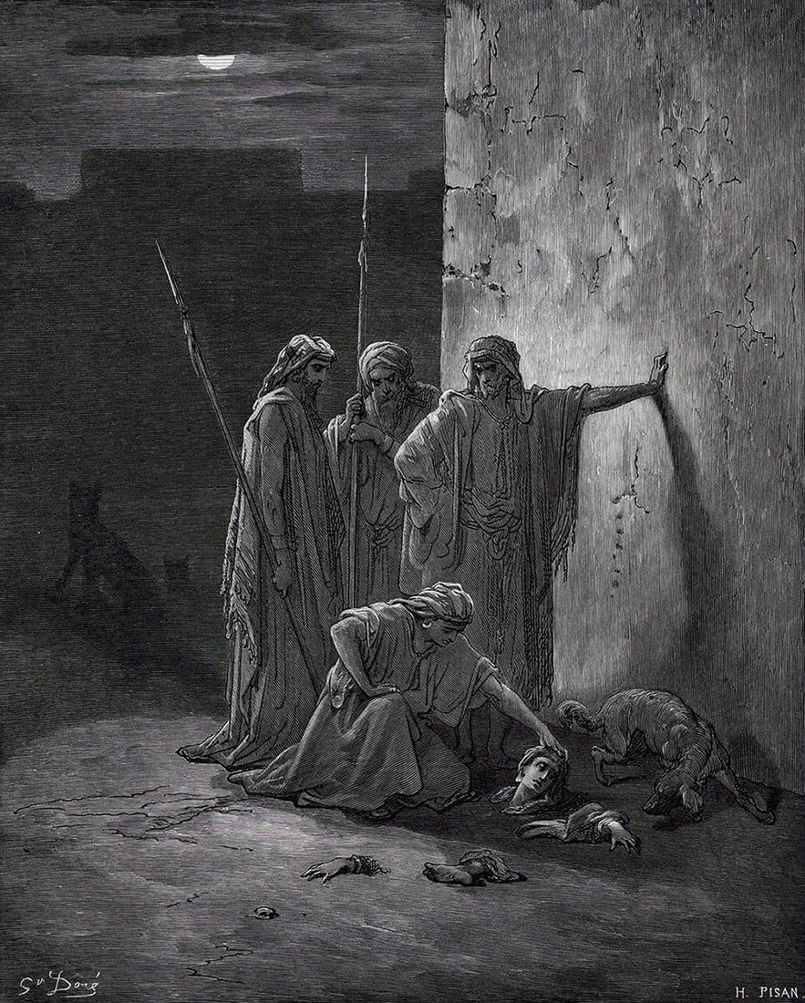 SIGNED 1800s GUSTAVE DORE Biblical Woodcut Jehu's Companions Find Jezebel FRAMED: Gustave Dore (Paul Gustave Louis Christophe Dore) (French, 1832-1883). Jehu's Companions Finding the Remains of Jezebel (from Dore's Bible). Antique woodcut wove paper after the original by a master w