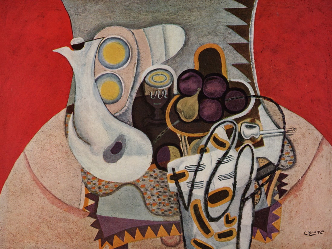 BRAQUE 1956 SIGNED Vintage Color Print Still Life on a Pink Table Framed: Georges Braque (French, 1882-1963). La Nappe Rose (The Pink Tablecloth). Vintage offset lithograph after the original painting. Year: 1956. Signed in the plate, lower right. Printer: Draeger Freres. I