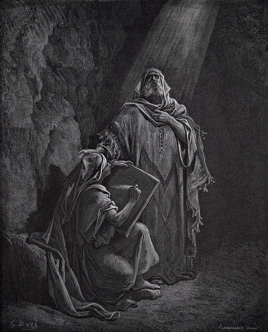 1800s GUSTAVE DORE Biblical Woodcut Baruch & Jeremiah's Prophecies Framed Signed: Gustave Dore (Paul Gustave Louis Christophe Dore) (French, 1832-1883). Baruch writing Jeremiah's Prophecies (from Dore's Bible) Antique woodcut wove paper after the original by a master wood engravers