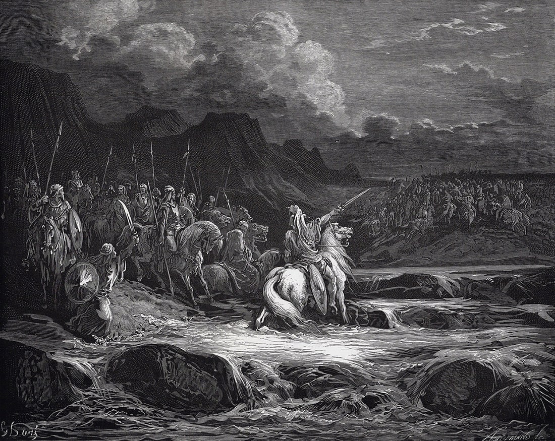 FRAMED 1800s Gustave Dore Religious Woodcut Judas Pursues Timotheus SIGNED: Gustave Dore (Paul Gustave Louis Christophe Dore) (French, 1832-1883). Judas Maccabeus Pursues Timotheus (from Dore's Bible). Antique woodcut wove paper after the original by a master wood engraver Ad