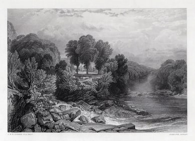 FRAMED 1800s William TURNER Engraving Junction of the Greta & Tees SIGNED