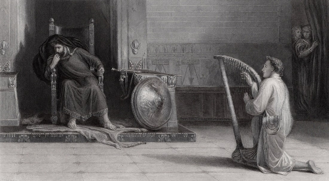 David Wilkie Wynfield 1800s Engraving 'David Plays for Saul' FRAMED Signed COA: David Wilkie Wynfield (British, 1837 - 1887). David Playing before Saul. Antique engraving on wove paper after the original by master engraver Samuel S Smith (British, 1810-1879). Year: 1880. Signed i