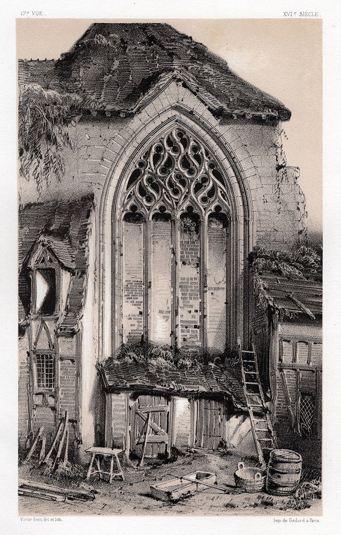 Victor Petit Original 1800s Lithograph St. Jean-Le-Bas Aisne Signed Framed: Victor Jean Baptiste Petit (French 1817-1871). Ruine De St. Jean-Le-Bas, Aisne (Ruin Of St. Jean-Le-Bas Aisne). Original tinted lithograph on strong vellum paper. Year: 1860. Signed in the plate. Publ