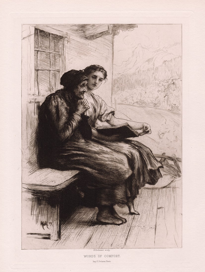 Sir Hubert von Herkomer 1879 etching Words of Comfort signed: Sir Hubert von Herkomer. (born as Hubert Herkomer) (British, 1849-1914). Words of Comfort. Hand pulled copper plate etching with drypoint on laid paper. 1879. Signed in the plate. Excellent. Image Siz