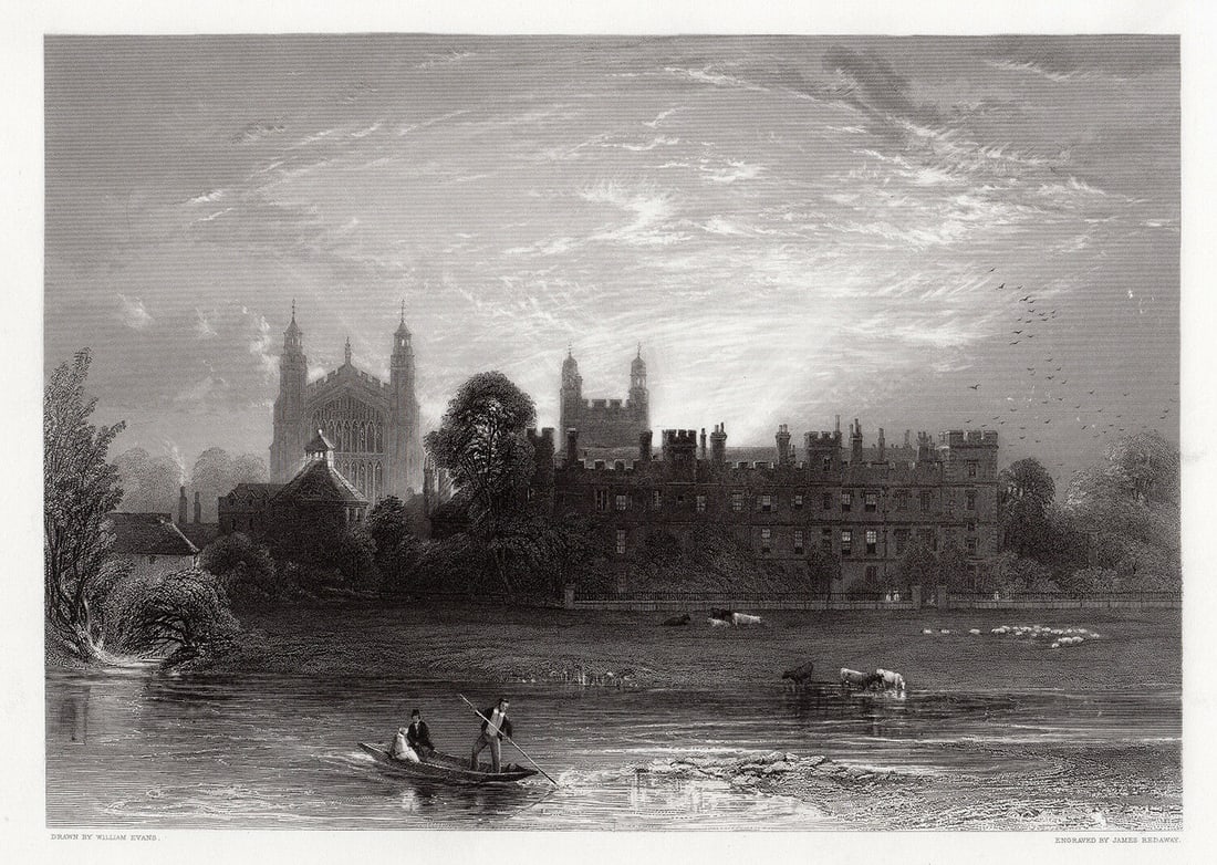 William Evans Eton College from the Lock 1857 Engraving Signed: William Evans. Eton College from the Lock. Antique engraving on wove paper after the original drawing by master engraver James Redaway (British, 1797-1858). 1857. Signed in the plate. Image Size 7 5/8