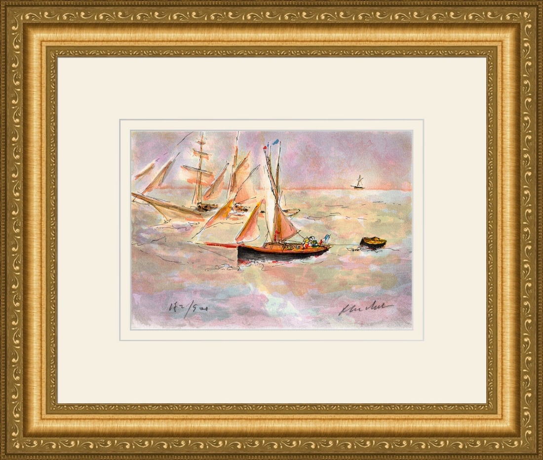 Original Urbain HUCHET Lithograph Sailboat Market at Sunset HAND S/N Framed (1 of 2)