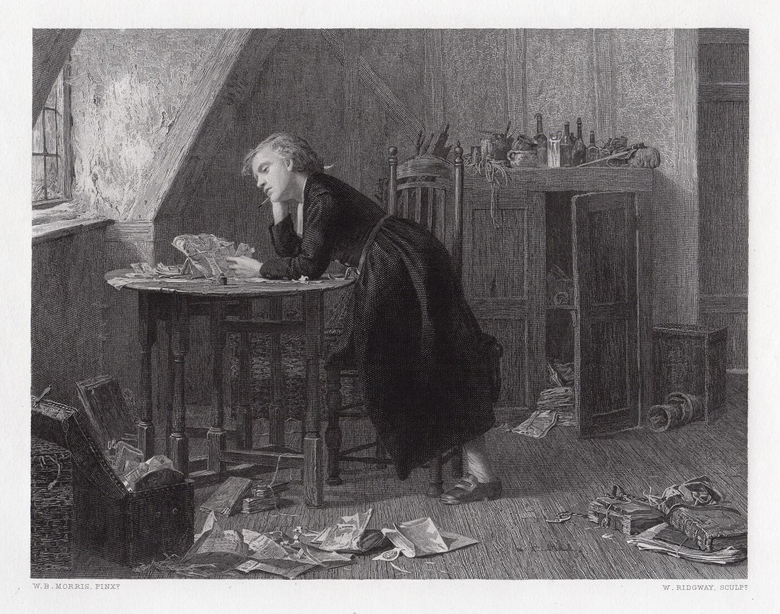 William Bright Morris Chatterton's Half-Holiday 1875 Engraving Signed: William Bright Morris. Chatterton's Half-Holiday. Antique steel engraving on wove paper after the original by master engraver William Ridgway (British, 1855 - 1885). 1875. Signed in the plate. Image S