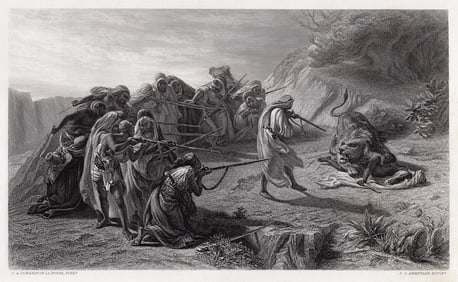 Charles Fosse Lion Hunting in Arabia 1878 engraving