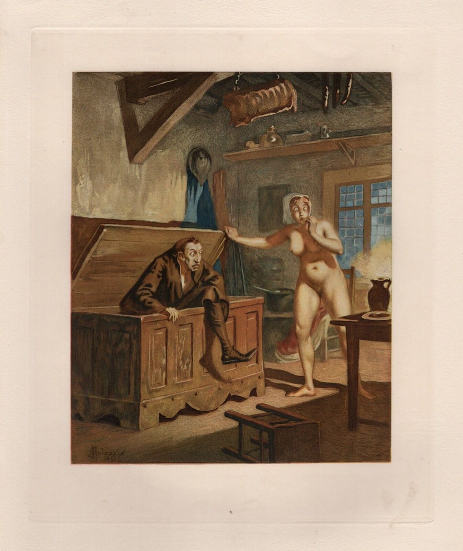 FRAMED Edmond Malassis NUDE Engraving Hidden Lovers Limited SIGNED: Edmond Malassis (French, 1874 - 1944). Hidden Secrets (Secrets cachés II) (Cent Nouvelles Nouvelles). Vintage color engraving on Velin paper after the original by master engraver R. Lorrain. Year: 19