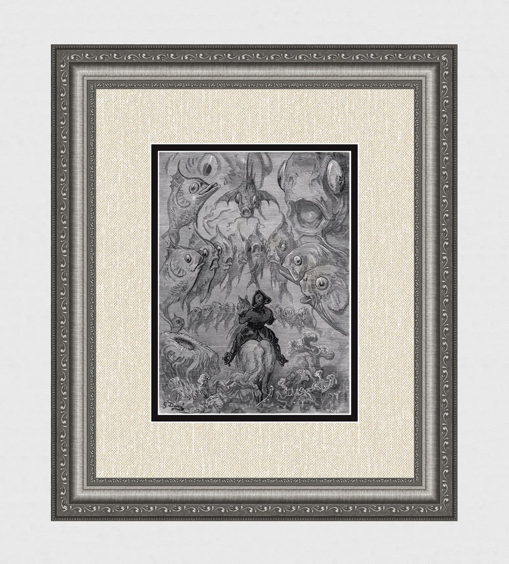 1800's GUSTAVE DORE Wood Engraving A Submarine World SIGNED FRAMED: Gustave Dore (Paul Gustave Louis Christophe Dore) (French, 1832-1883). A Submarine World (a scene from the Adventures of Baron Munchausen). Antique Wood Engraving on wove paper after the original by m