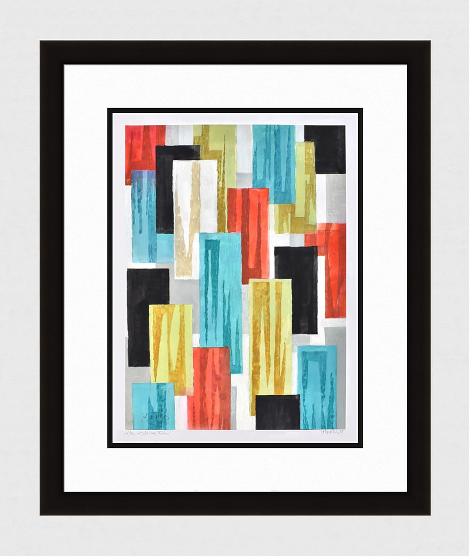 Mathis Original Gouache Clearly moved Areas Framed Swiss: Josef Johann Mathis (Joe Mathis, 1913 - 2002; Swiss). Clearly moved Areas (Klar verschobene Flaechen). Original Mixed Media Gouache on paper. Year: 1988. Hand signed and dated in pencil, lower right.