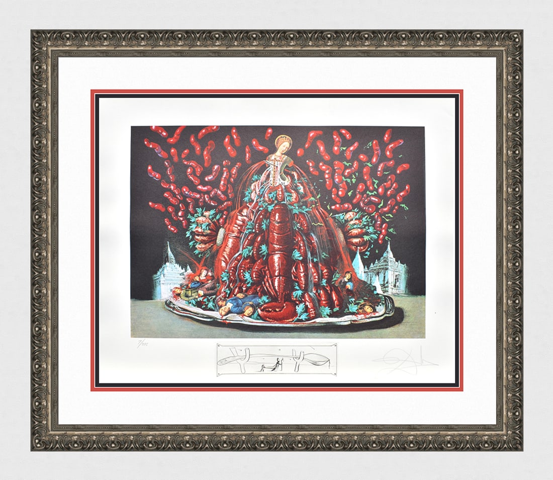 Salvador Dali Lithograph Diners of Gala Signed Numbered Limited Framed: Salvador Dali. Les Canibalismes de l'Automne (Autumn Cannibalisms)(From Les Diners de Gala). Offset Lithograph in colors with Original Etched Remarque (Spoon on Crutches) lower center, on watermarked