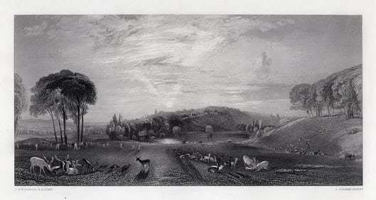 FRAMED 1800s JMW TURNER Engraving Deer Park at Sunset SIGNED