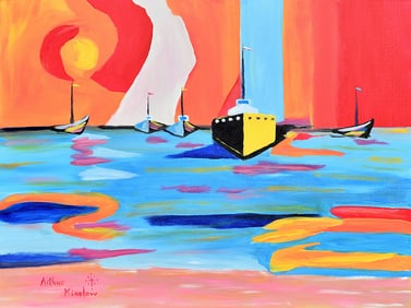Arthur Kinslow Original Painting Boats at Sunset 30 x 40 Inches