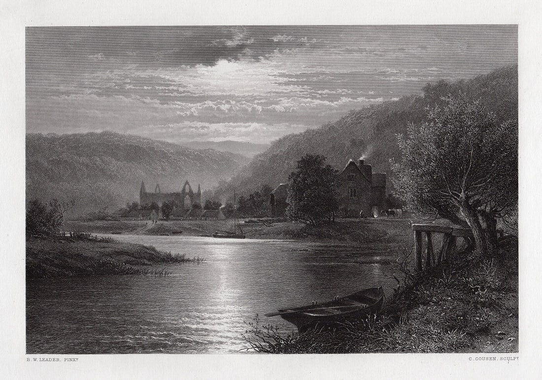 Benjamin Williams Leader Tintern Abbey Moonlight on the Wye 1875 engraving: Benjamin Williams Leader. (English, 1831 - 1923). Tintern Abbey Moonlight on the Wye. Antique Engraving on wove paper after the original by master engraver Charles Cousen (British, 1819 - 1889). 1875.