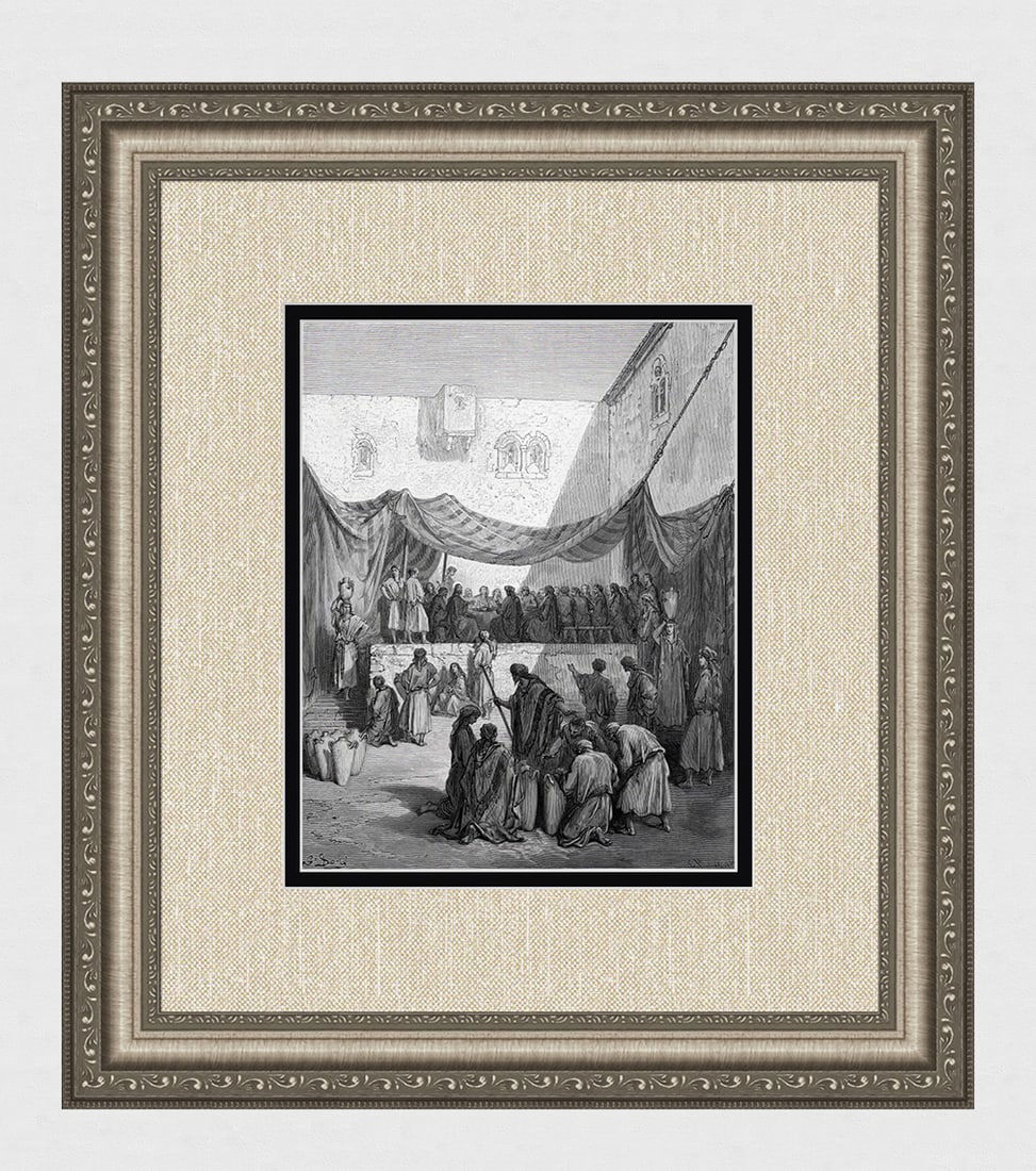 1800s Gustave DORE'S BIBLE Woodcut The Wedding at Cana SIGNED FRAMED: Gustave Dore (Paul Gustave Louis Christophe Dore) (French, 1832-1883). The Marriage in Cana (from Dore's Bible). Antique woodcut wove paper after the original by a master wood engraver Charles Maurand