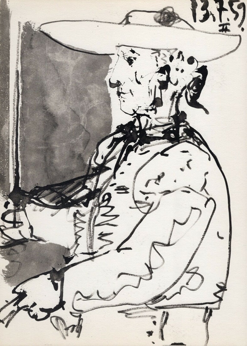 PABLO PICASSO 1961 Vintage Lithograph Torero Sentado FRAMED: Pablo Picasso (1881 - 1973). Seated Bullfighter II (Torero Sentado). Black and white offset lithograph, on Arches paper, after the original sketch. Atelier: Mourlot. Year: 1961. Signature/Dated: Dated