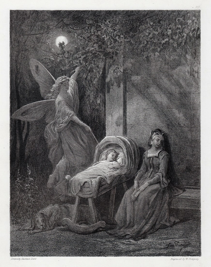 Gustave Dore Queen Mab 1882 Engraving Signed: Gustave Dore. Queen Mab. Antique engraving on wove paper after the original drawing by master engraver William Ridgway (British, 1855-1885). 1882. Signed in the plate, lower right. Image Size 7 5/8 x