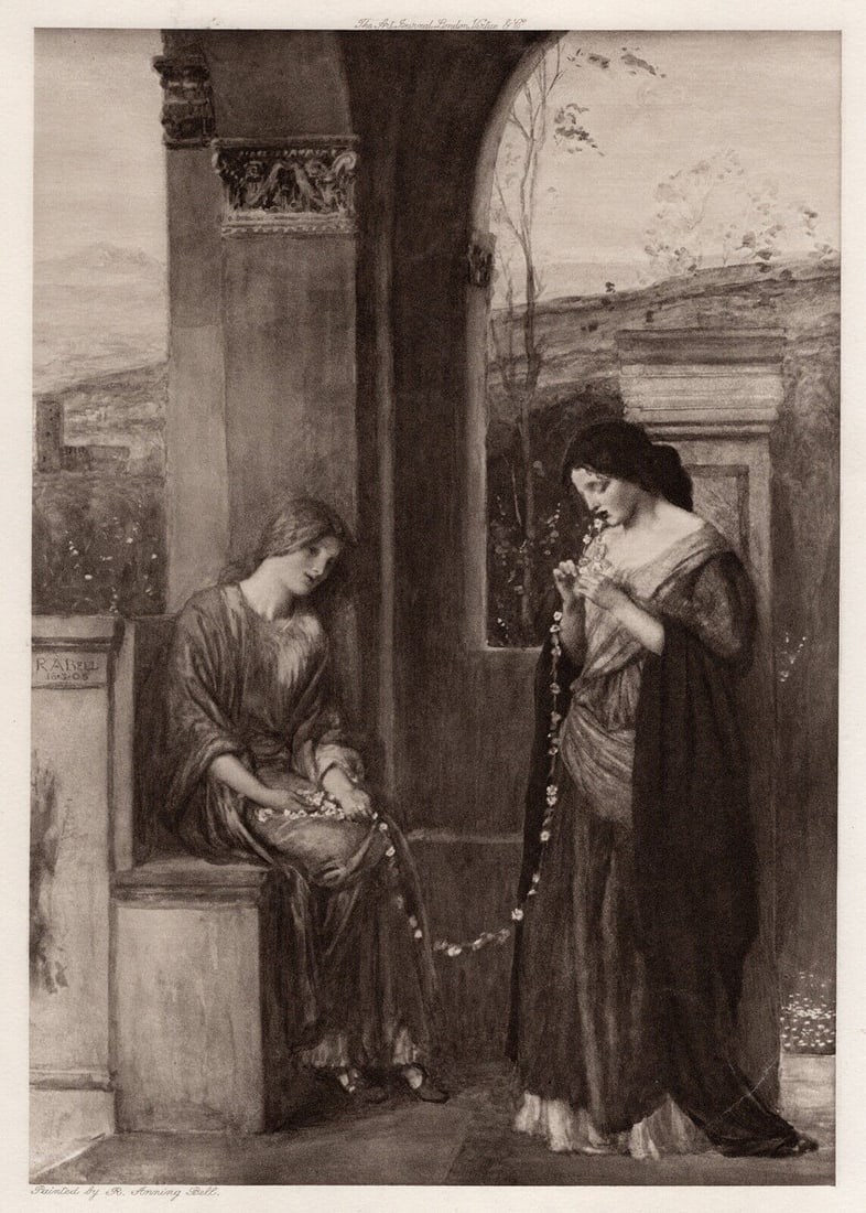 Robert Anning Bell Antique Print The Daisy Chain Signed Framed: Robert Anning Bell (English, 1863-1933). The Daisy Chain. Antique heliogravure on wove paper after the original painting by a Master Engraver. Year: 1905. Signed in the plate. Condition: Excellent. Im