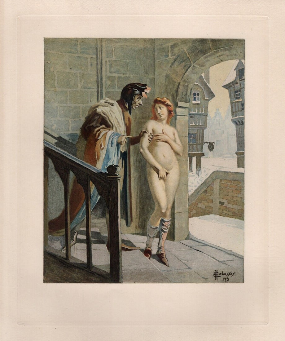 SIGNED Edmond Malassis Erotic Engraving On the Stairs Framed Limited: Edmond Malassis (French, 1874 - 1944). The Staircase (L'escalier II) (Cent Nouvelles Nouvelles). Vintage color engraving on Velin paper after the original by master engraver R. Lorrain. Year: 1931. Si
