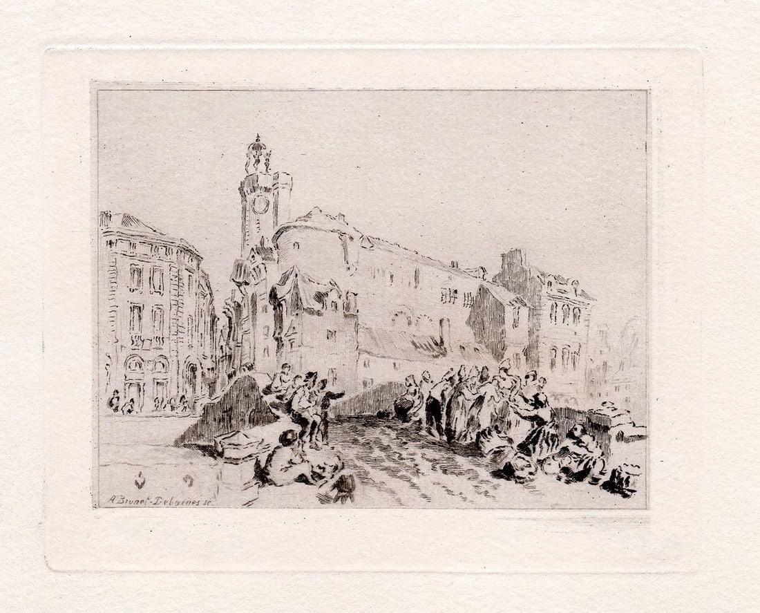 Joseph Mallord William Turner On the Loire etching signed: Joseph Mallord William Turner. (English, 1775-1851). On the Loire. Antique etching on thick laid paper after the original by master etcher Alfred Louis Brunet Debaines (French, 1845-1939). 1876. Signe