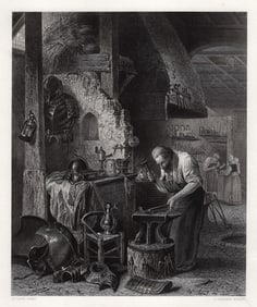 1800s HENRI LEYS SIGNED Engraving The Village Armourer FRAMED