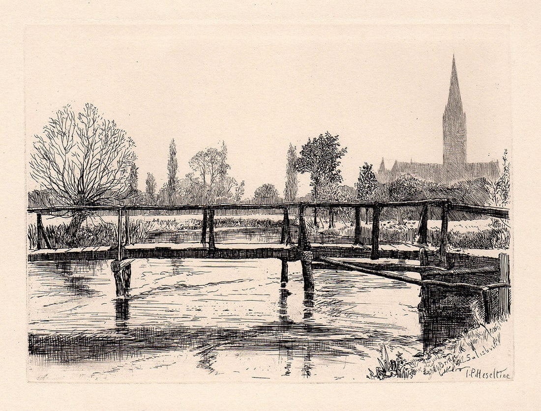 1871 John Postle Heseltine Salisbury etching signed: John Postle Heseltine. (1843-1929). Salisbury. Antique copper plate etching on thick laid paper. 1871. Signed in the plate. Excellent. Image Size 4 3/4 x 6 1/2 inches. Approximately 15 x 16 inches. Th